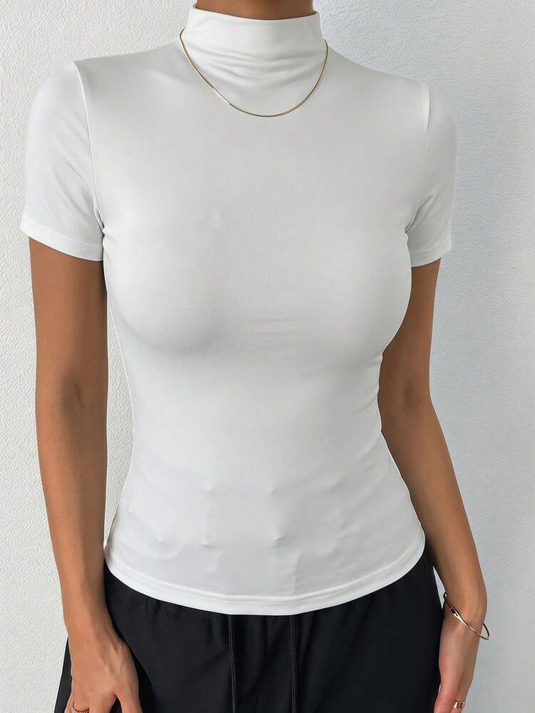 Women Solid Color Short Sleeve Turtleneck Fitted Undershirt