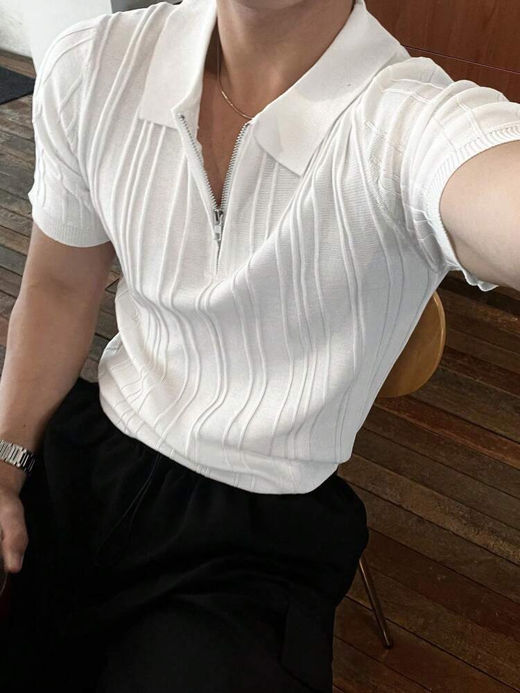 White Short Sleeve Textured Ribbed Collar Half-Zip Knit Top For Men