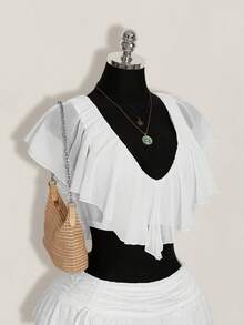 SHEIN ICON 女款素色荷葉邊飾綁帶前襟時尚襯衫 - 白色 - 查看 10
