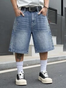 GALLERY FADE Men's Casual Denim Shorts With Pockets And Rhinestone Buttons, Versatile For Daily Wear, Holiday - Blue - View 3