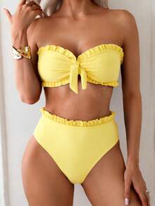 Swim Mod Women's Summer Beach Solid Color Ruffle Trim Bandeau Bikini Set With Front Knot, Two Pieces Swimwear Black Bathing Suits - Yellow - View 3