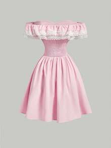 SHEIN MOD Women's Elegant Pink Summer Off-Shoulder Lace Corset Dress, Tie-Waist Pleated Midi Dress,Ethereal Retro Tea Party Special Events Dinner Dress - Pink - View 4