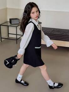 Dazy Kids Tween Girls' Loose Waist Peter Pan Collar Princess 2 In 1 Dress, Plus Size - Black - View 7