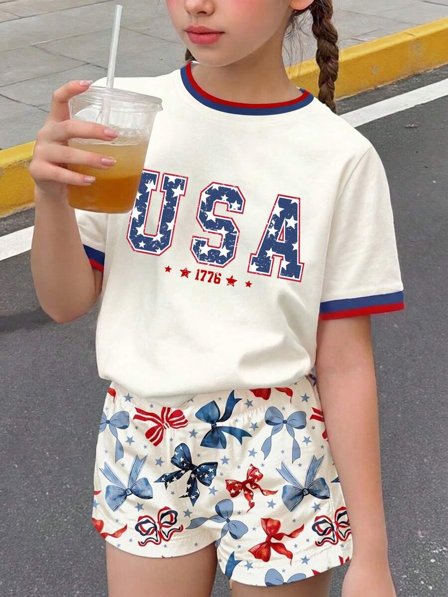 青少年女孩日米白色兩件套,美國星形字母印花T恤與蝴蝶結短褲,休閒夏季度假穿搭,7月4日復古風 - 彩色 - 查看 1