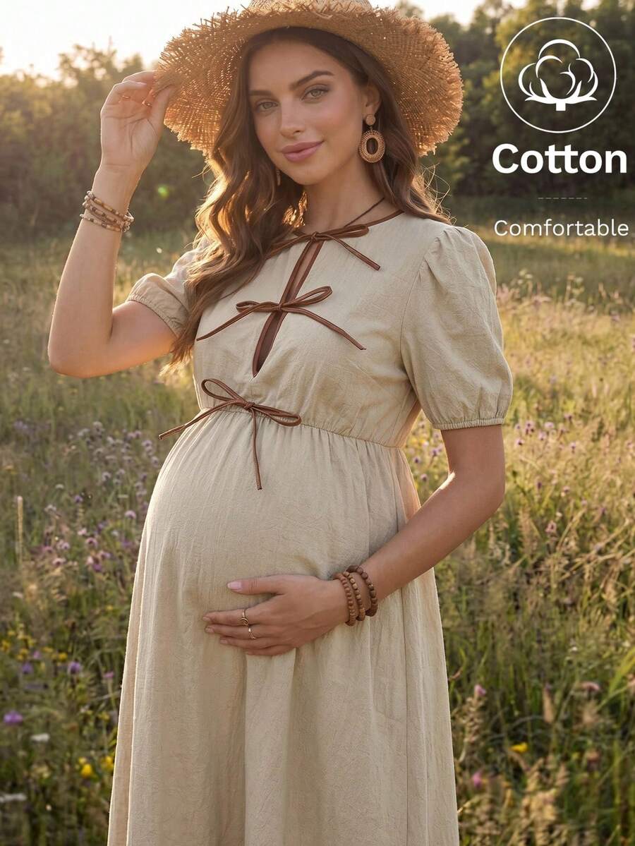 Boho Mama 前綁帶哺乳孕婦洋裝,短袖拍照用產後出院夏季哺乳米色 - 杏色 - 查看 1