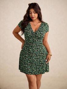 Elaquor Plus Size Women Ditsy Floral Tie Front Casual Boho Dress Vacation Black Summer - Green - View 6