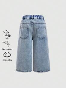 SHEIN Explorewe Girls' Comfortable Washed Soft Vintage Casual Wide Leg Denim Shorts, Loose Fit, Thin Fabric, Spring/Summer - Medium Wash - View 2