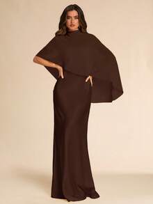 SHEIN BAE 2 Pieces Set: Satin Chiffon Shawl & Light Yellow Dress, Luxury Elegant Evening Gown For Formal Occasions, Spring/Summer - Coffee Brown - View 3