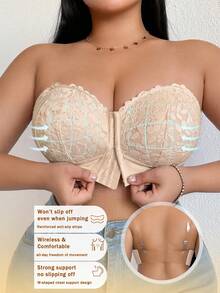 DesireSculpt Plus Size Wireless Lace Front Closure Bra, Sexy Lift And Gather, Invisible Back Bra, 1pc - Beige - View 6
