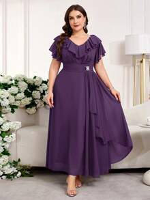 SHEIN Clasi Plus Size Women's Solid Color Ruffle V-Neck Elegant Dress - Purple - View 8