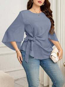 Reflora 大尺碼女款純色教師節綁帶荷葉邊時尚襯衫 正式晚裝 辦公室健身房 灰藍色 秋季優雅 - 藍色 - 查看 10