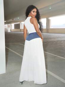 Slaydiva Chân váy denim phối màu tương phản ghép mảnh siêu dài cho nữ - Màu xanh lam - Xem 2
