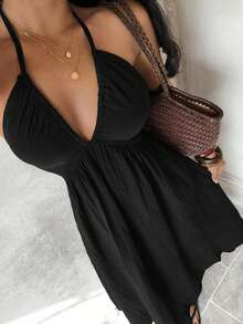 Sunnyshic Women's Deep V-Neck Backless Sexy Halter Denim Dress - Black - View 4