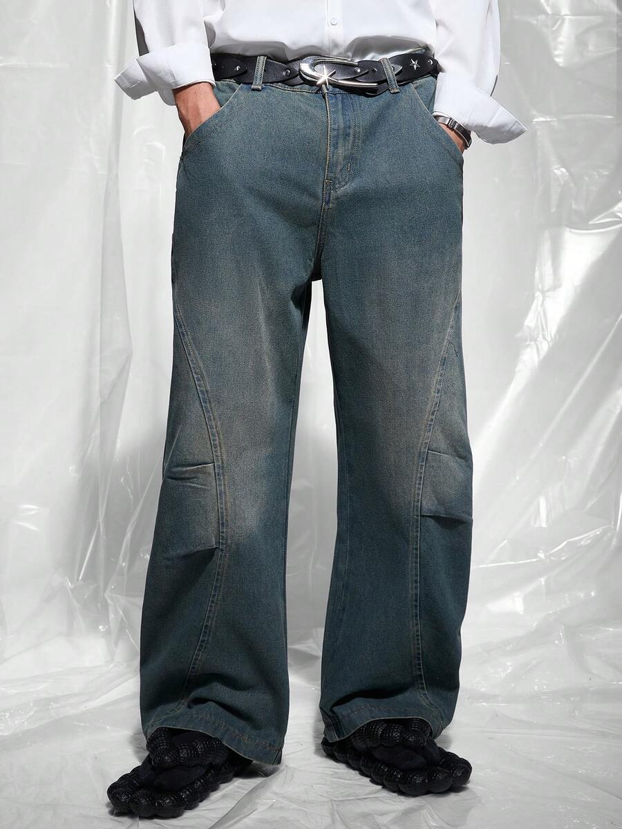 IRON GLYPH Jeans diarios simples de unicolor para hombres - Azul lavado medio - Ver 1