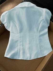 GlowEve Women's Peter Pan Collar Lace Trim Single-Breasted Puff Sleeve Short Sleeve Blouse - Baby Blue - View 2