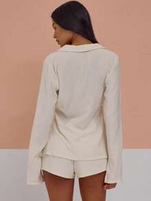 MUSERA Fitted Button Down Collared Shirt With Tailored Style Mini Shorts Sexy Cute Spring Summer Holiday Vacation Going Out Girly Cool Girl Late Checkout - White - View 4
