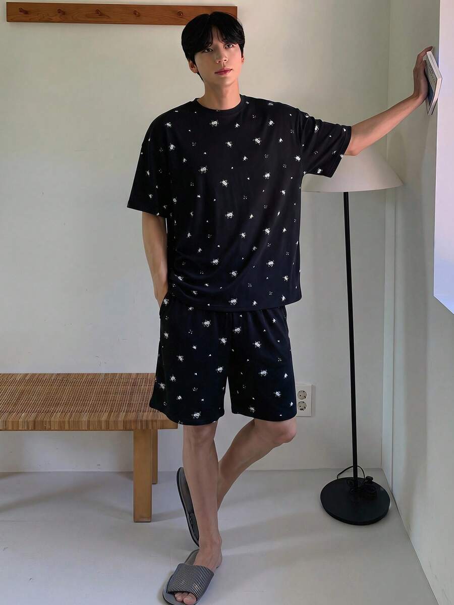 DAZY 黑色花卉印花短袖上衣和短裤男士睡衣套装 - 黑色 - 查看 1