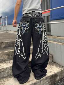 ROMWE MEN Men's Embroidered Pattern Loose Fit Jeans - Black - View 2