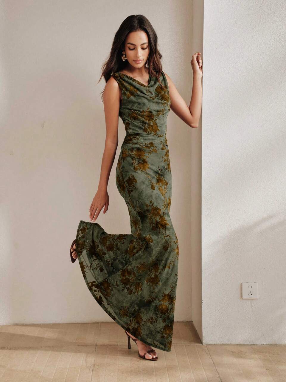 New Retro Flocked Burnout Plunge Neck Sleeveless Bodycon Mermaid Dress, Elegant Dignified Cocktail Party Gown