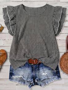 Mellowie Plus Size Women Casual Elegant Retro Vacation Plaid Pattern Round Neck Double-Layer Cap Sleeve Loose Blouse - Black and White - View 1
