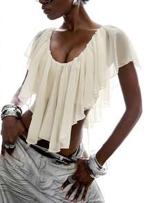 LYSMO Women's Elegant Solid Color Ruffle Trim Backless Cropped Top, Summer - Apricot - View 5