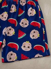 CoComelon X SHEIN 2pcs/Set Young Boys Striped Letter Print Contrast Color Short Sleeve Top And Watermelon Print Shorts Pajama Set - Blue - View 7