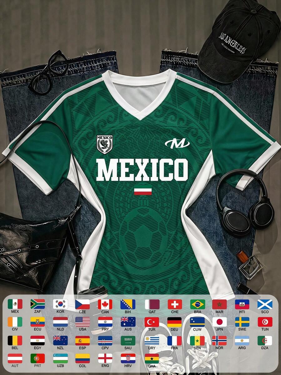 SHEIN EZwear Áo bóng đá nữ dáng rộng cổ chữ V đội tuyển quốc gia Mexico, màu vàng với cổ và bo tay kẻ sọc tương phản, thời trang thể thao World Cup 2026, áo bóng đá dạo phố ngày thi đấu - Nhiều màu - Xem 1