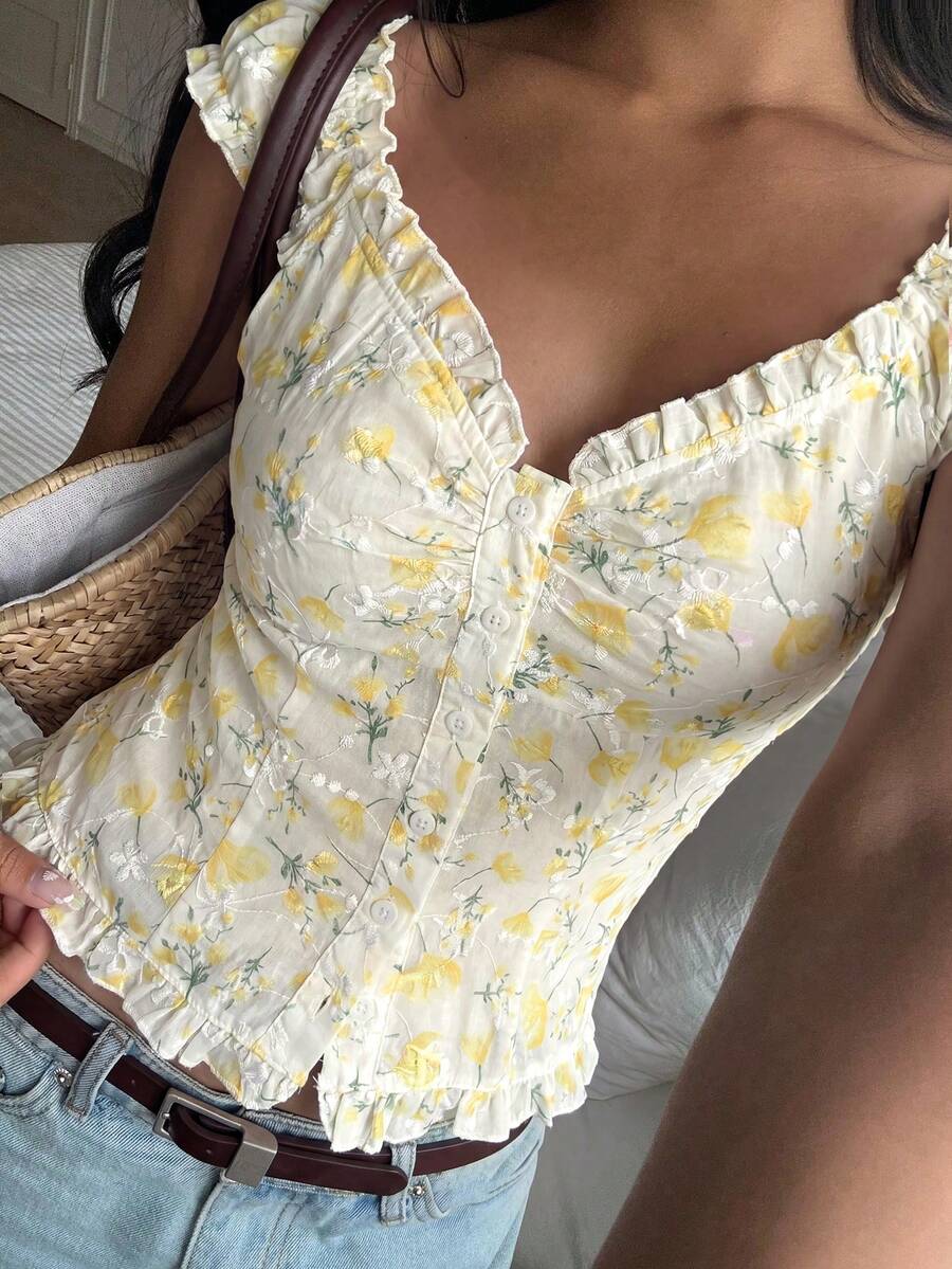 CovetEZ Women's Casual Yellow Floral Ruffle Trim Single-Breasted Shirt,Summer Top - Yellow - View 1