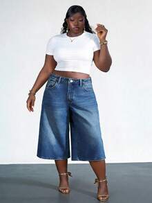 CurvyTilda Plus-Size Denim Bermuda Shorts, High-Waisted Wide-Leg Pants With Comfortable Elastic Waistband Casual - Medium Wash - View 4