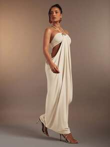 Hauture Olive Green Bandeau Cut Out Side Draped Gathered Side Halter Neck Maxi Dess - Apricot - View 4