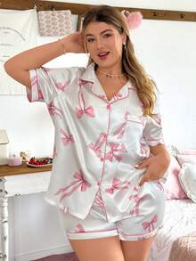 Slumberry CURVE Sweet & Cute Bow Print Contrast Color Button Front Lapel Plus Size Women Pajama Set - White - View 4