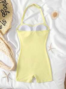 SHEIN Tween Girl Spring Summer Casual Beach Vacation Strapless Bandeau Ruched Lily Large Floral Black Base Print One-Piece Swimsuit - Apricot - View 2