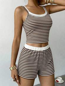SHEIN Set da ragazza adolescente primavera/estate casual versatile sportivo streetwear colore a contrasto 2 in 1 top corto aderente + pantaloncini ampi canotta - Multicolore - Visualizzare 4