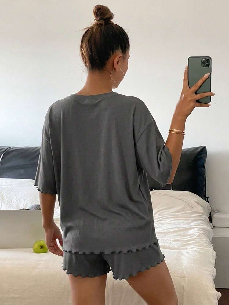 Women's Solid Color Round Neck Drop Shoulder T-Shirt And Shorts Pajama Set