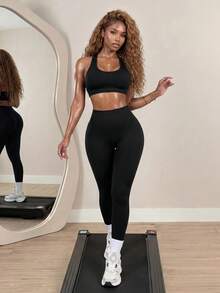 BamGleam Women's Solid Color Cami Top And Leggings Sports Set Workout Women Sets - Black - View 2