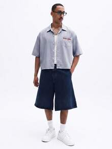 SUMWON Striped Cropped Short Sleeve Button-Up Shirt With Chest Pocket And Script Embroidery Summer - Light Grey - View 4