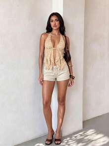 Glamine Áo hai dây ren crop top màu đỏ rượu vang quyến rũ và thuần khiết - Áo cổ chữ V sâu bèo nhún, hoàn hảo cho kỳ nghỉ và du lịch biển - Màu be - Xem 5