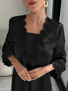 Al Najma 女款優雅紋理時尚百搭阿拉伯長裙 - 黑色 - 查看 3