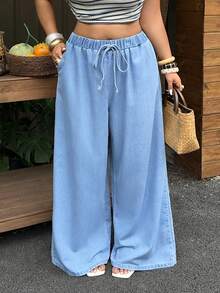 SHEIN Holidaya Plus Size Casual Wide Leg Denim Pants - Light Wash - View 6