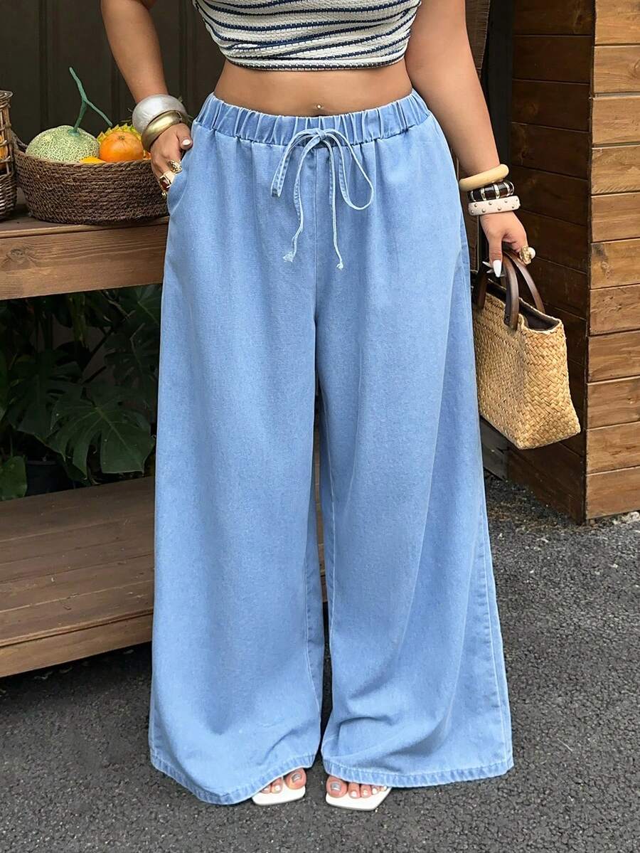 SHEIN Holidaya Plus Size Casual Wide Leg Denim Pants - Light Wash - View 1