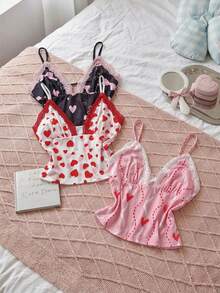 SweetSlumber 3pcs/Set Sweet Cute Y2K Vibrant Heart Bow Wave Vertical Stripe Print Colorblock Lace Trim Fitted Cami Top Women's Pajamas - Multicolor - View 1