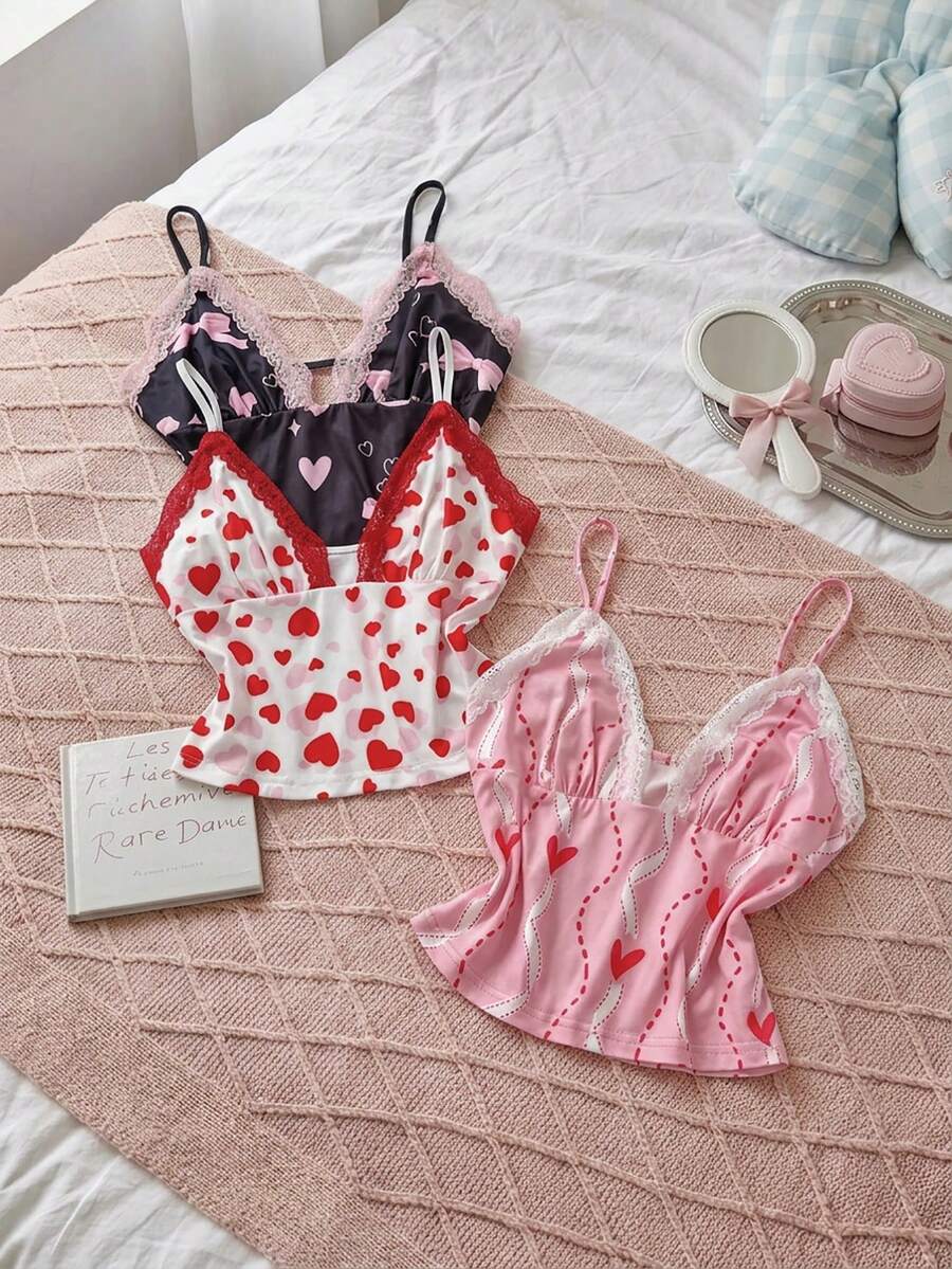 SweetSlumber 3pcs/Set Sweet Cute Y2K Vibrant Heart Bow Wave Vertical Stripe Print Colorblock Lace Trim Fitted Cami Top Women's Pajamas - Multicolor - View 1