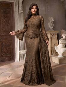 Aureia Plus Size Elegant Luxurious Romantic Brown Collar Flared Sleeve Ruched Mermaid Hem Patchwork Trailing Formal Dress, Suitable For Evening Party, Singles Party, Date, Ball, Vacation, Wedding - Coffee Brown - View 4