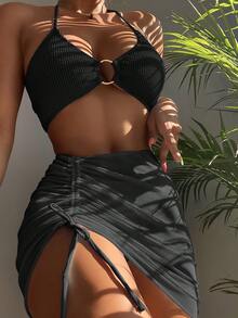 SHEIN Swim Summer Beach 3packs Textured Ring Linked Bikini With Beach Skirt - Black - View 1