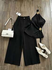 Selianne 2 pièces/Set Top sans manches asymétrique et jupe assortie pour femmes - Noir - Voir 3