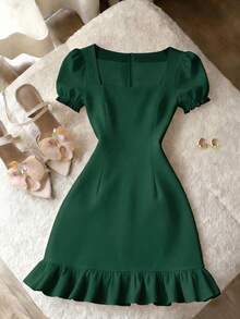 SHEIN Franclia Women's Pearl Collar Short Sleeve Square Neck Casual Slim A-Line Dress, Elegant Solid Color, Suitable For Guests, Banquets, Birthdays, Parties, Summer & Autumn, Apricot Color - Green - View 5