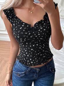 CovetEZ 女款休閒碎花襯衫，夏季，夏季上衣，黑色 - 黑色 - 查看 6