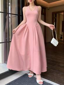 Joudiya Elegant Romantic Sleeveless Backless Midi Dress, Suitable For Spring/Summer, Parties Day Party Vacation, Weddings, Commuting Dusty Pink Sundress - Pink - View 11