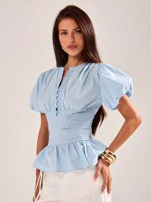 SHEIN BAE Women's Elegant Solid Blue Ruffle Puff Sleeve Fitted Blouse, Blue Ladies Top - Blue - View 6