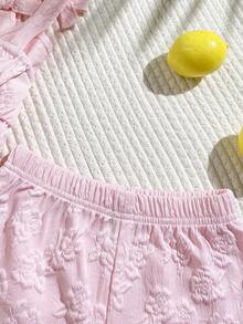 SHEIN Playful Pals 女婴夏季无袖提花吊带背心和百搭休闲短裤套装，适合夏季外出、度假或日常公园散步。 - 粉色 - 查看 7